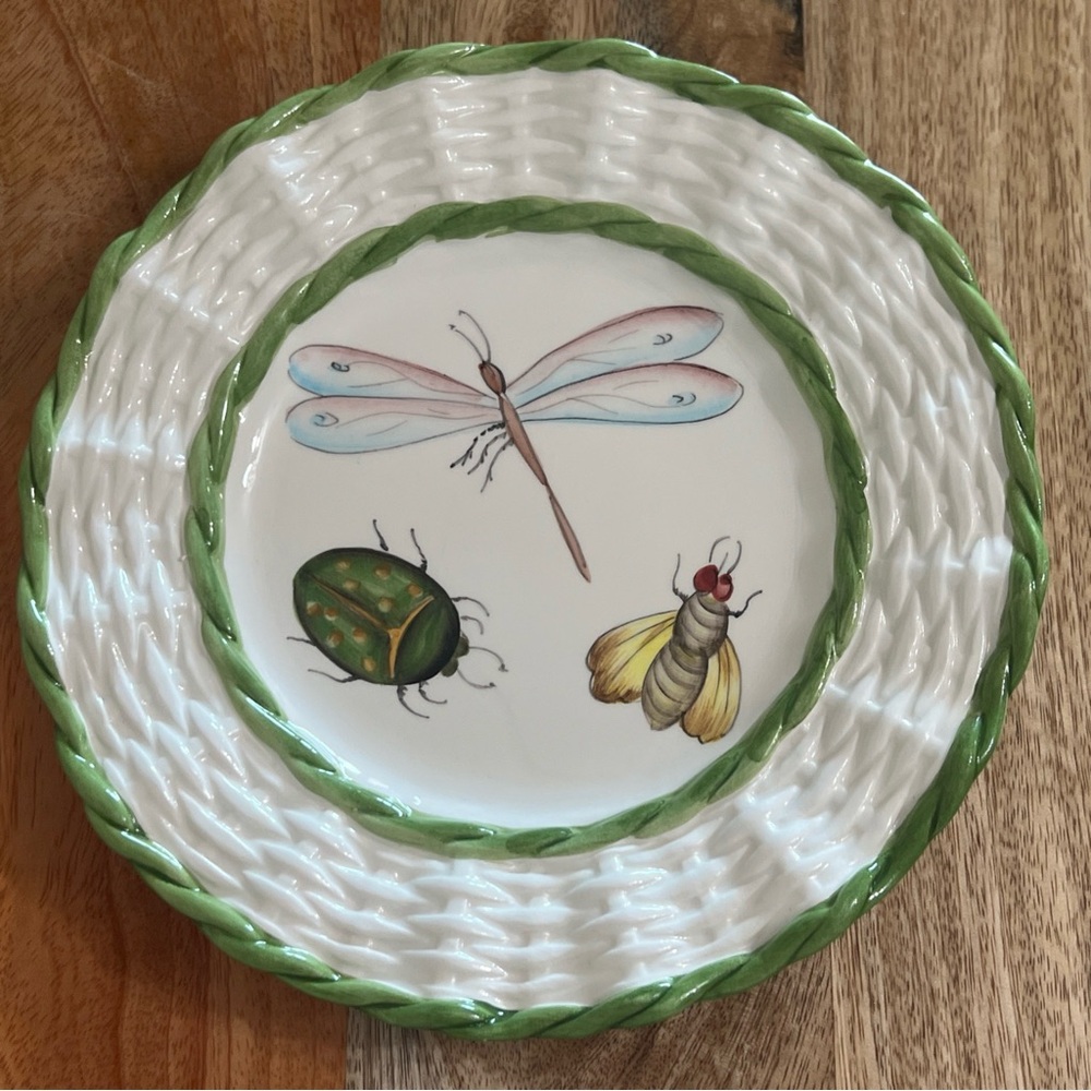 (2) Mariposa Green and White Bug Dinnerware Plates 12” round